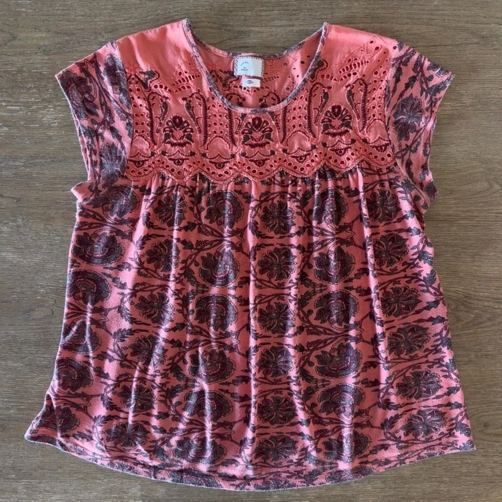 Anthropologie Postmark Penelope Boho Printed Eyelet Blouse-Cotton Flowy Top-Sz M